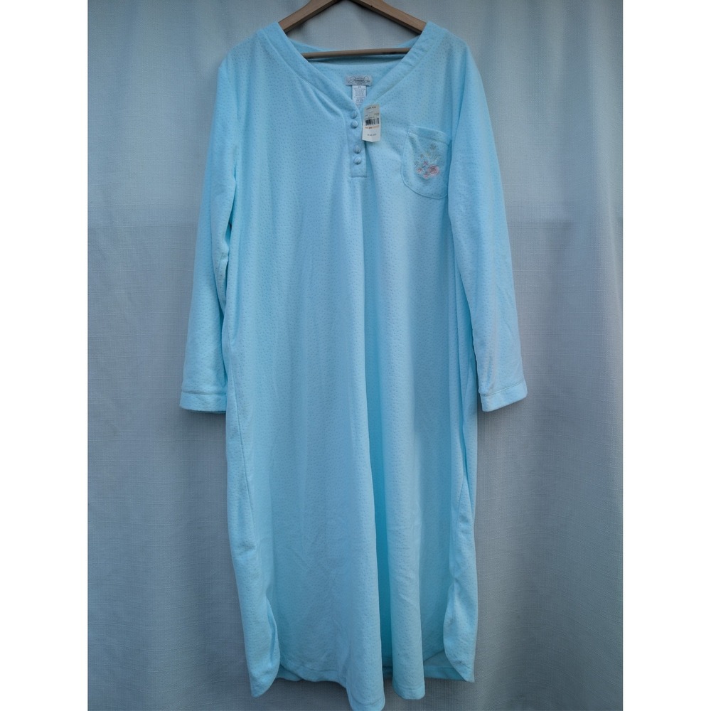 Jasmine Rose Nightgown Womens 2X Aqua Ice Blue Fleece Embroidered Pocket NWT